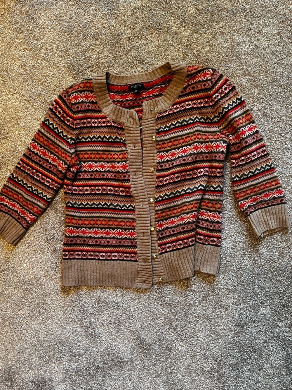 Talbots Fair Isle Button-Up Cardigan in Brown, Red & Pink